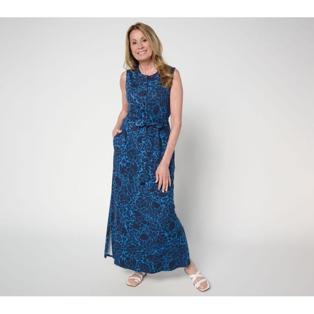 Wacoal Women's Dress Sz M Denim & Co. Slub Jersey Button Front Maxi Blue A694639 - Picture 1 of 4